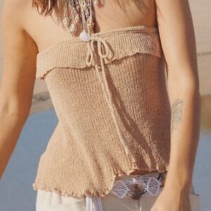 Free People Tan Smocked Tie Front Tank Top